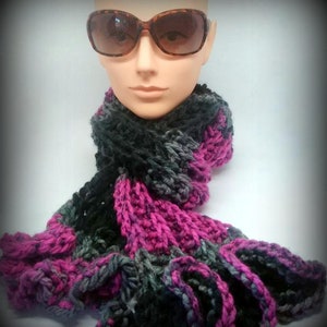 HAND KNIT SCARF - Raspberry, black, gray ruffle
