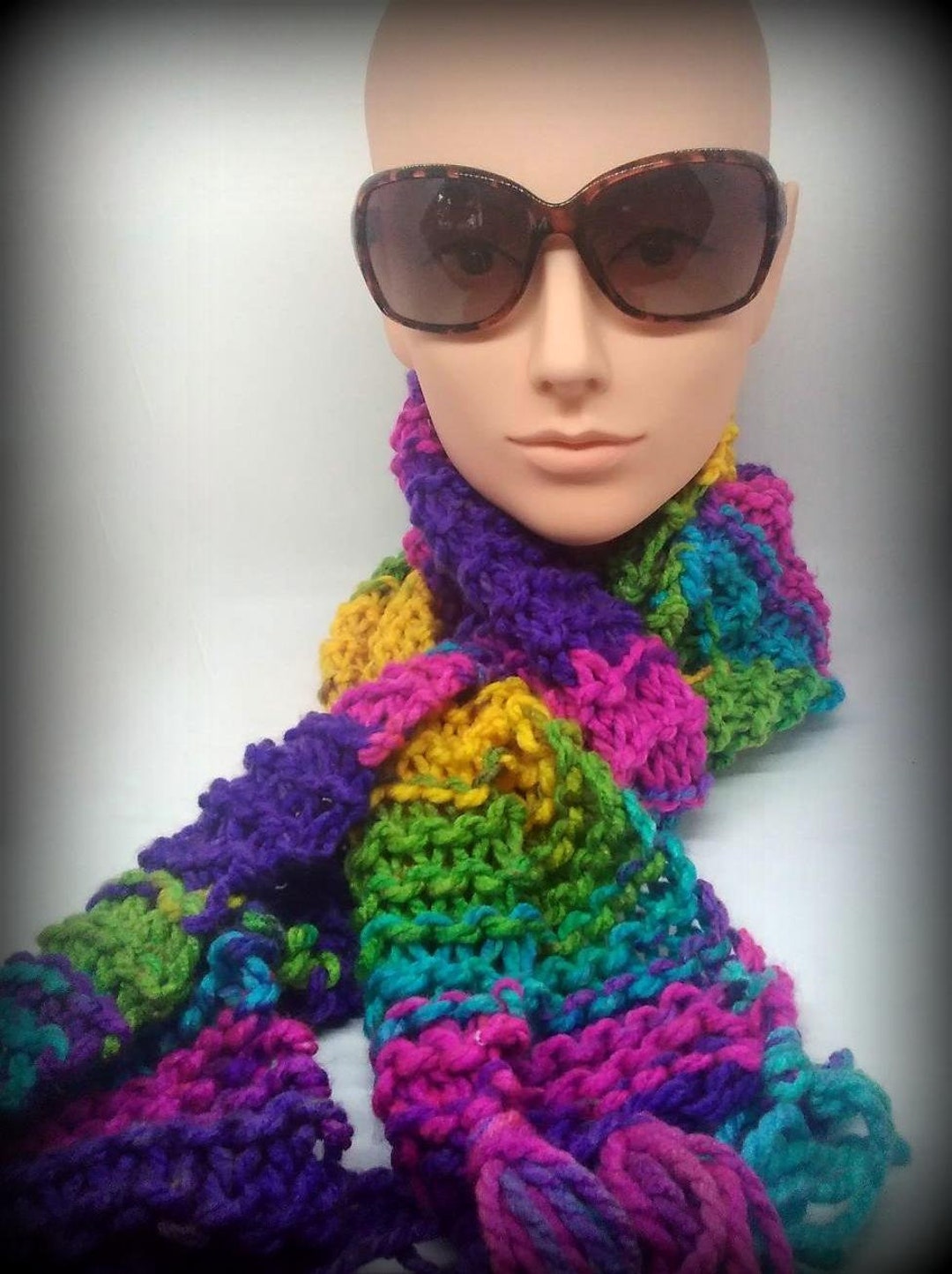 Colorful Scarf Hand Knit Scarf Acrylic Knit Scarf Scarf Turquoise Scarf Pink Scarf Purple Scarf