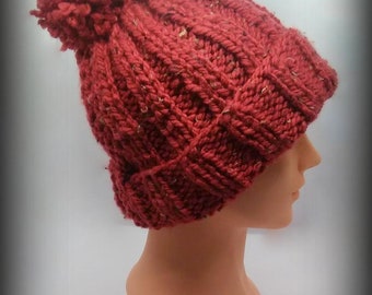 HAND KNIT HAT - burgundy tweed pom-pom