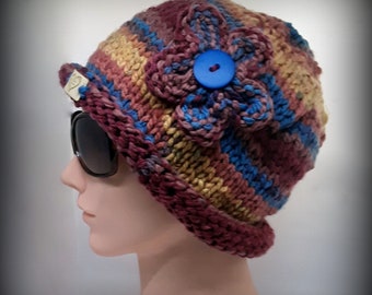 HAND KNIT HAT - gold, brown, blue funky