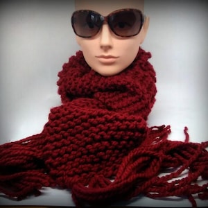 DEEP RED SCARF - hand knitted and fringe
