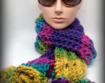 HAND KNIT SCARF - rainbow colored ruffle