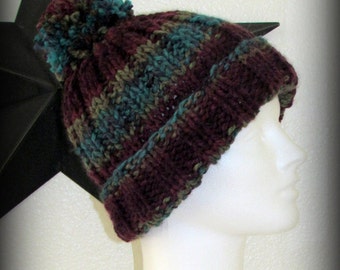 HAND KNIT HAT - Burgundy, turquoise pom-pom