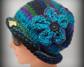 colorful hat - knit hat - hand knit hat - Turquoise knit hat - knit flower - turquoise hand knit hat - funky hat - fashion hat - fun hat