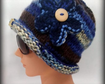 HAND KNIT HAT - blue, brown funky