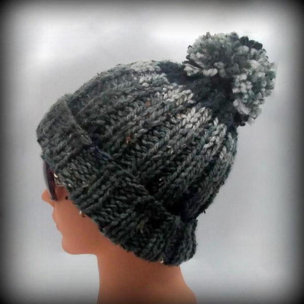 HAND KNIT HAT - knit hat - pom pom knit hat - gray tweed pom pom hat - knit beanie - knit acrylic hat - gray tweed knit hat - black tweed