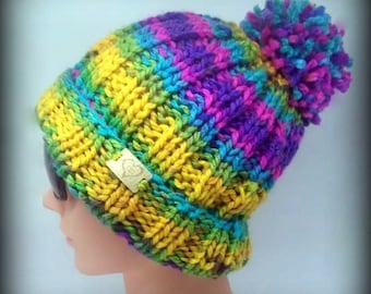 HAND KNIT HAT - rainbow pom-pom