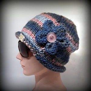 HAND KNIT HAT - blue, pink funky