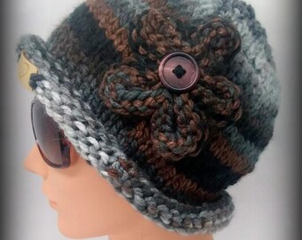 HAND KNIT HAT - black, brown, gray funky