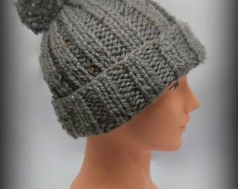 HAND KNIT HAT -  gray tweed pom-pom