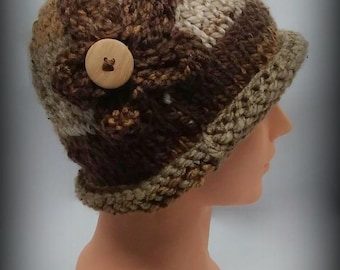 HAND KNIT HAT - brown, tan tweed funky