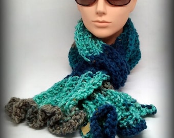 HAND KNIT SCARF - turquoise, tan ruffle