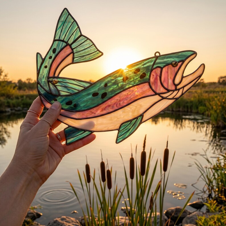 A stained glass fish suncatcher featuring translucent green, pink, and white glass panels held together by dark metal solder lines. The fish has a curved body shape, a detailed tail fin, and small black spots along its upper back.