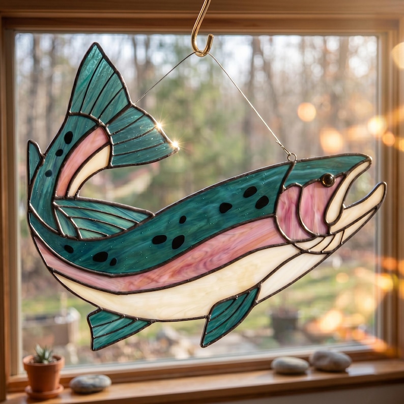 May include: A stained glass suncatcher shaped like a trout, featuring teal, pink, and cream-colored glass panels joined by dark metal solder lines. The fish is depicted in a curved, leaping pose and is suspended by a thin wire from a metal hook.