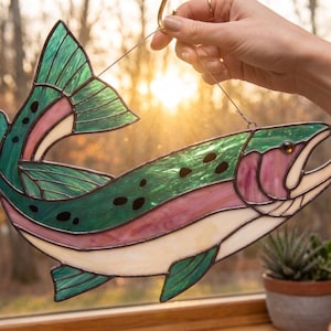May include: A stained glass suncatcher shaped like a trout fish. The piece features translucent green, pink, and cream-colored glass panels joined by dark metal solder lines. It includes black glass dots along the back and a metal hook.