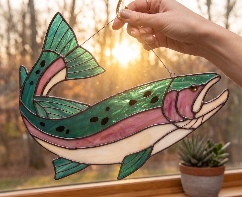 May include: A stained glass suncatcher shaped like a trout fish. The piece features translucent green, pink, and cream-colored glass panels joined by dark metal solder lines. It includes black glass dots along the back and a metal hook.