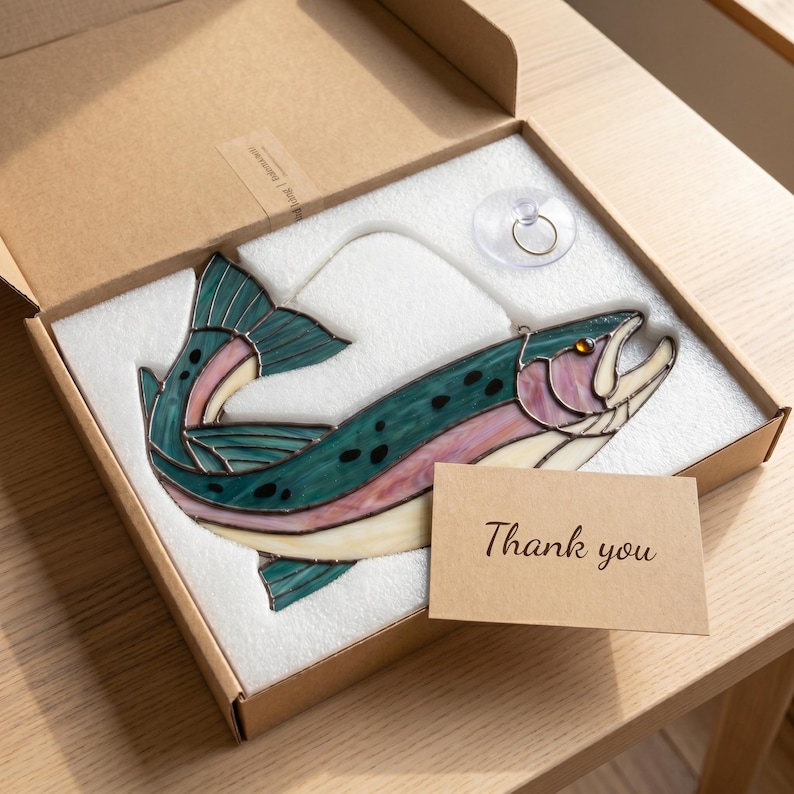 A stained glass fish suncatcher with teal, pink, and cream segments joined by dark metal solder lines. The fish is packaged in a cardboard box with white foam padding, a clear suction cup, and a small brown card reading Thank you.