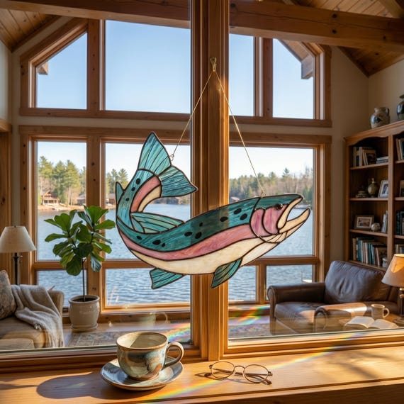 Trout Fish Stained Glass Suncatcher, Rainbow Trout Window Hanging, Fisherman Gift for Men, Fly Fishing Decor, Cabin & Lake House Art