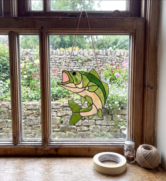Bass Fish Stained Glass Suncatcher, Largemouth Bass Window Hanging, Fisherman Gift for Men, Lake House Decor, Fishing Dad Cabin Wall Art