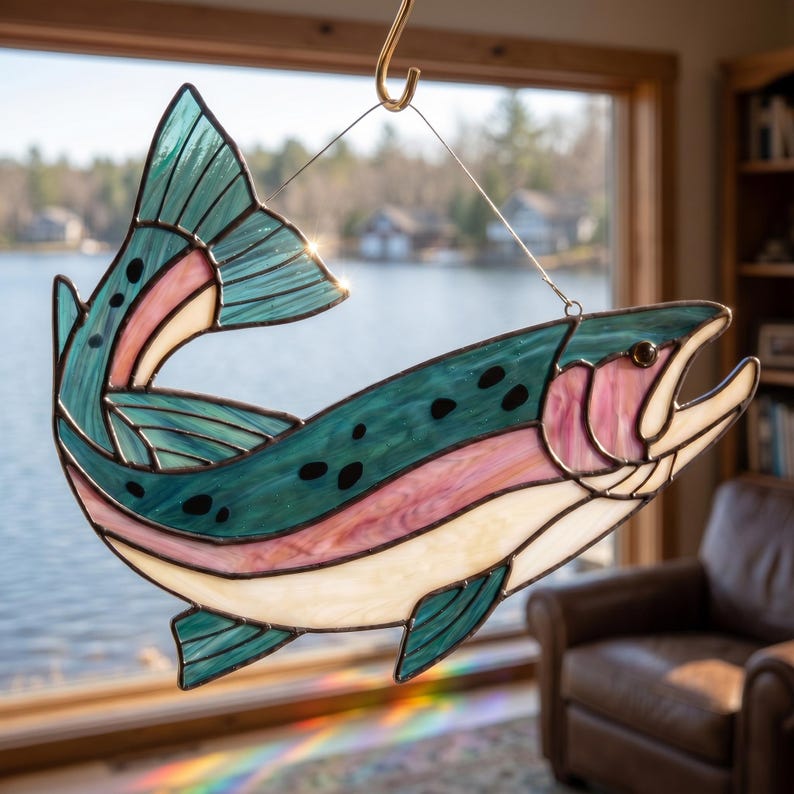 May include: A stained glass suncatcher shaped like a trout, featuring teal, pink, and white glass panels with black solder lines and dark spots. The fish is suspended by a thin wire from a gold-colored metal hook against a window.