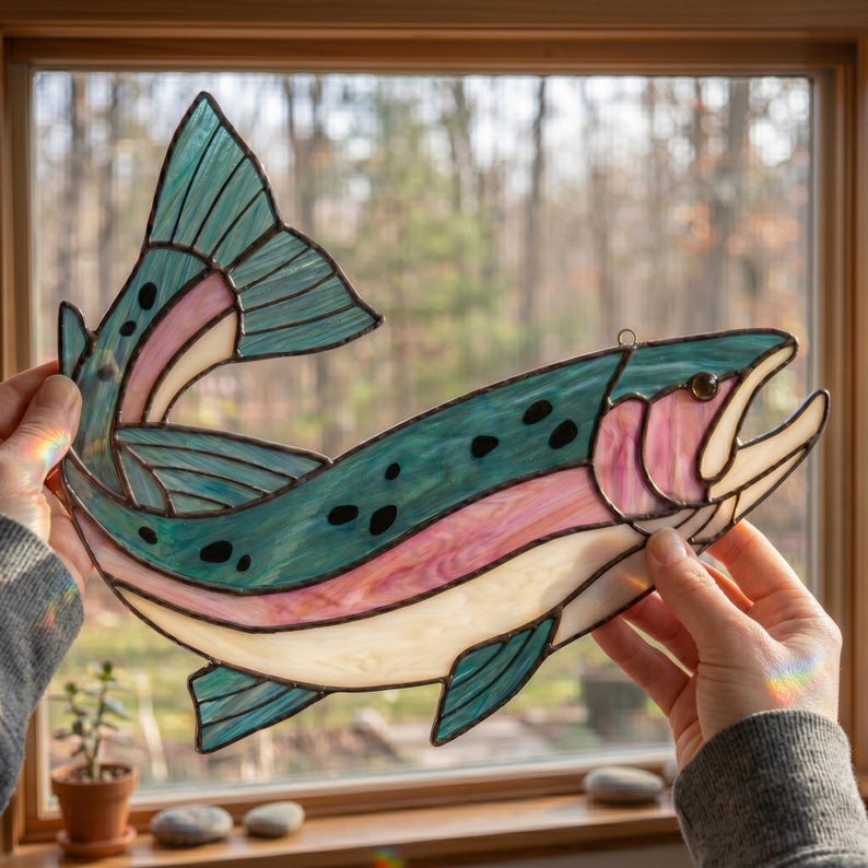 A stained glass suncatcher shaped like a trout, featuring iridescent teal, pink, and cream-colored glass panels joined by dark metal solder lines. The fish design includes black spots along the back and a curved, open-mouthed pose.
