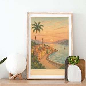 Art mural vintage ville côtière - carte postale imprimable coucher de soleil pastel - Illustration de plage sereine - téléchargement numérique