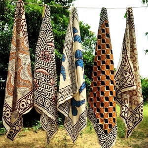Set van 5 bandana's met blokprint, vierkante sjaal van natuurlijk geverfd katoen, boho hoofddoek