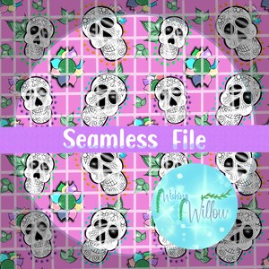 May include: Seamless pattern featuring sugar skulls with intricate black and white designs, set against a pink grid background. Colorful floral and leaf accents are interspersed throughout. The text "Seamless File" is displayed on a purple banner.