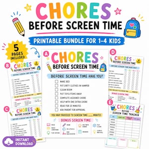 Chores Before Screen Time Checklist Printable | Kids Routine Chart for 1-4 Children + Bonus Tracker
