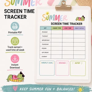 May include: A white clipboard holding a Summer Screen Time Tracker chart with a colorful header, a weekly grid for Monday through Sunday, and sections for weekly goals, rewards, and notes, featuring a cartoon frog floating on a yellow inner tube.