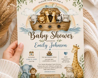 Noah's Ark Baby Shower Invitation Template | Editable Canva Baby Shower Invite | Neutral Safari Baby Shower | Instant Download