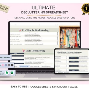 Puede incluir: Un portátil y una tableta muestran una hoja de cálculo de limpieza con el texto "ULTIMATE DECLUTTERING SPREADSHEET." La pantalla muestra "Pro Tips for Decluttering" y "Daily Decluttering." La imagen incluye el texto "EASY TO USE | GOOGLE SHEETS & MICROSOFT EXCEL."