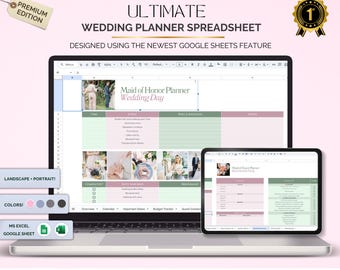 May include: A laptop and tablet displaying a wedding planner spreadsheet. The screen shows a spreadsheet with sections for tasks, details, and notes. The text "ULTIMATE WEDDING PLANNER SPREADSHEET" is at the top. The image also includes the text "EASY TO USE | GOOGLE SHEETS & MICROSOFT EXCEL".
