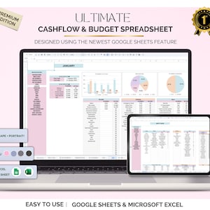May include: A laptop and tablet displaying a cashflow and budget spreadsheet. The screen shows charts and financial data. The image includes the text "ULTIMATE CASHFLOW & BUDGET SPREADSHEET" and "EASY TO USE | GOOGLE SHEETS & MICROSOFT EXCEL".