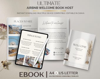 Op de afbeelding: Een Airbnb welkomstboek sjabloon met de titel "ULTIMATE AIRBNB WELCOME BOOK HOST". Het ontwerp bevat een tablet met "THINGS TO DO", een welkomstboekje en een pagina met "PLACES TO SEE". De tekst "EBOOK" en "A4 & US LETTER" zijn ook zichtbaar.