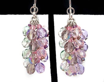 Vintage NAPIER Light Purple, Pink and Green Faceted Bead Dangle / Drop Clip-On Earrings