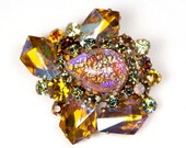 Gorgeous Multi-Colored Faux Opal Pear-Shaped Cabochon and Topaz Aurora Borealis Gammatic Rhinestone Vintage Brooch