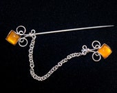 Old Double-Ended Stick Hat Pin with Amber-Colored Stones in an Ornate Silver-Tone Metal