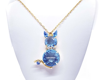 Light Sapphire Dentelle and Pear-Shaped Rhinestone, and Crystal Chaton Rhinestone Vintage Cat Pendant Necklace