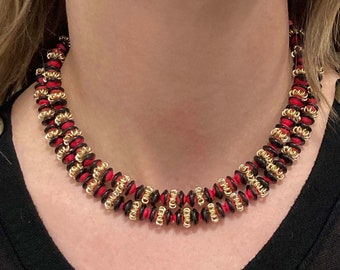 Vintage HONG KONG Red and Black Squished Round Plastic Saucer Bead and Curled Gold-Tone Wire Spacer Double-Strand Beaded Necklace