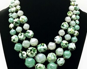 Shades of Green Free-Form and Round Bead, and Yellow Seed Bead Three-Strand Vintage Necklace