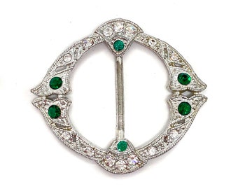 Simple Emerald Green and Crystal Clear Rhinestone One Piece Belt Buckle - 1930s