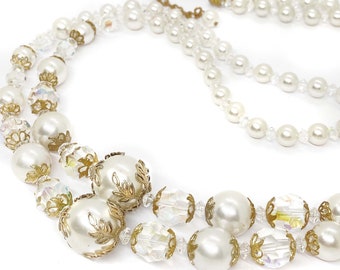 Gorgeous Double-Strand Light, Creamy White Faux Pearl and Crystal Aurora Borealis Beaded Necklace - 1960s