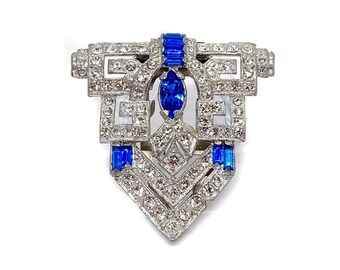 1930s-40s Art Deco / Art Modern Crystal Clear Rhinestone and Sapphire Navette and Baguette Rhodium-Plated Dress or Fur Clip