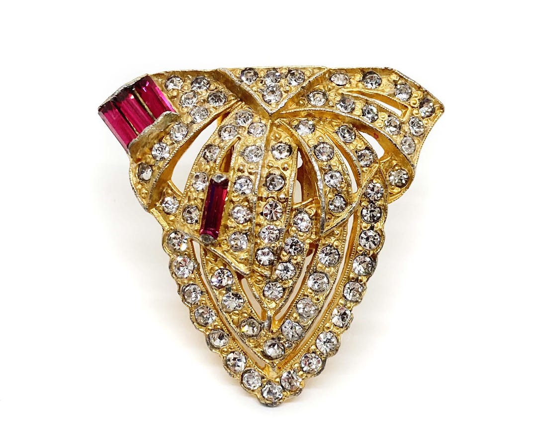 Art Deco / Nouveau-era Crystal Chaton and Ruby Baguette Rhinestone Gold ...