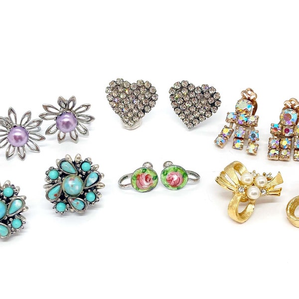 DETASH - Lot of Six Pairs Clip & Screw-on Vintage Earrings - Rhinestones, Faux Turquoise and Pearls, Cloissone - Pink, Green, Red, Lavender