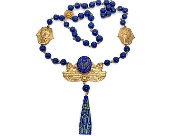 1920s-30s NEIGER Egyptian Revival Blue Czech Glass Bead and Cabochon Necklace, with Ornate Pressed Brass Stampings & Green Painted Accent