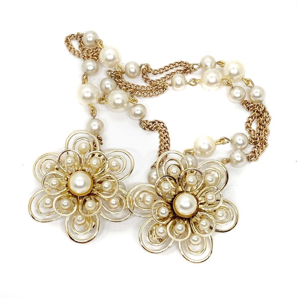 Signed CORO Faux Pearl Gold-Tone Double Flower Chatelaine / Double Brooch / Necklace Pendant