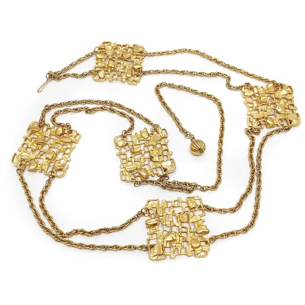 Vintage Brutalist Style Gold-Plated Signed CELEBRITY NY Five Panel and Double Chain Belt