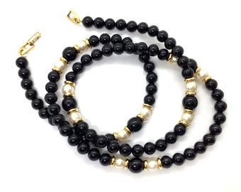 1980s Signed NAPIER Shiny Opaque Black Round, White Faux Pearl and Squished Gold-Tone Spacer Bead Single Strand Necklace